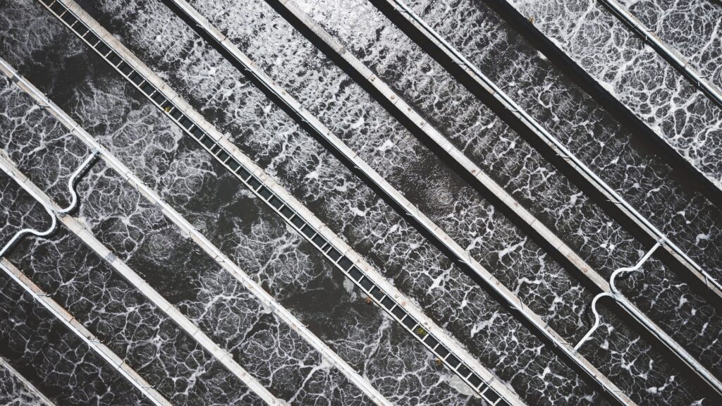 Aerial view of industrial wastewater treatment basins